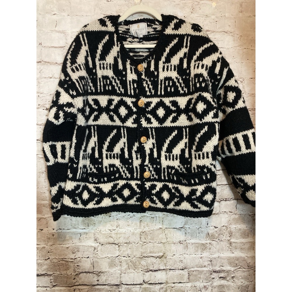 Vintage Express Tricot Wool Cardigan Large Hand Knit Black & Ivory Llamas Heavy